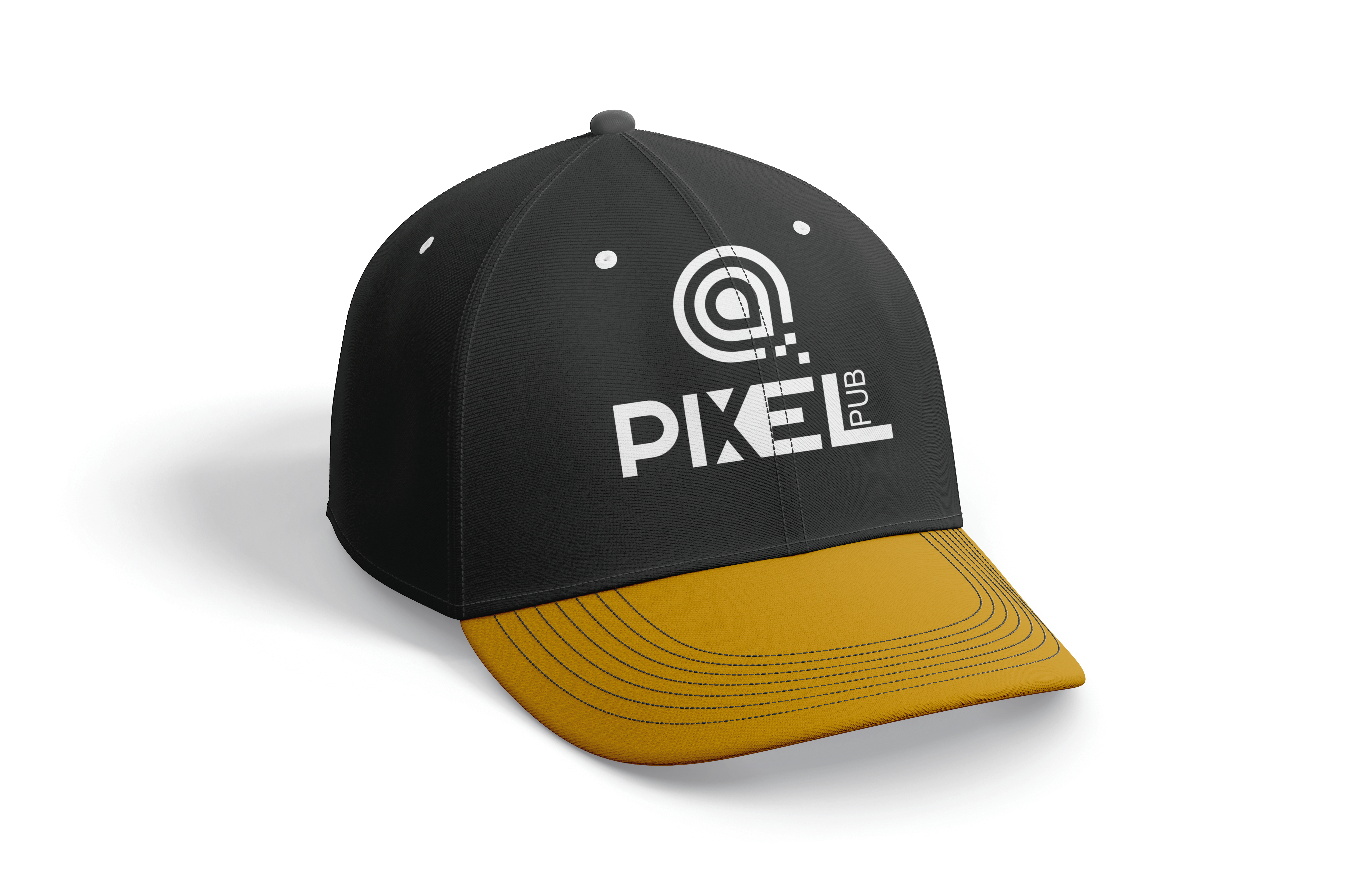 Casquette noire et jaune personnalisée avec logo Pixel Pub, goodie d'entreprise.
