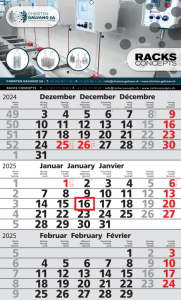 Calendrier mural 2025 pour les entreprises Christen Galvano SA et Racks Concepts.