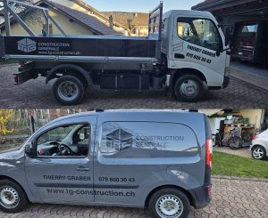 Marquage publicitaire sur camion et fourgonnette pour TG Construction à Fontaines par PixelPub.