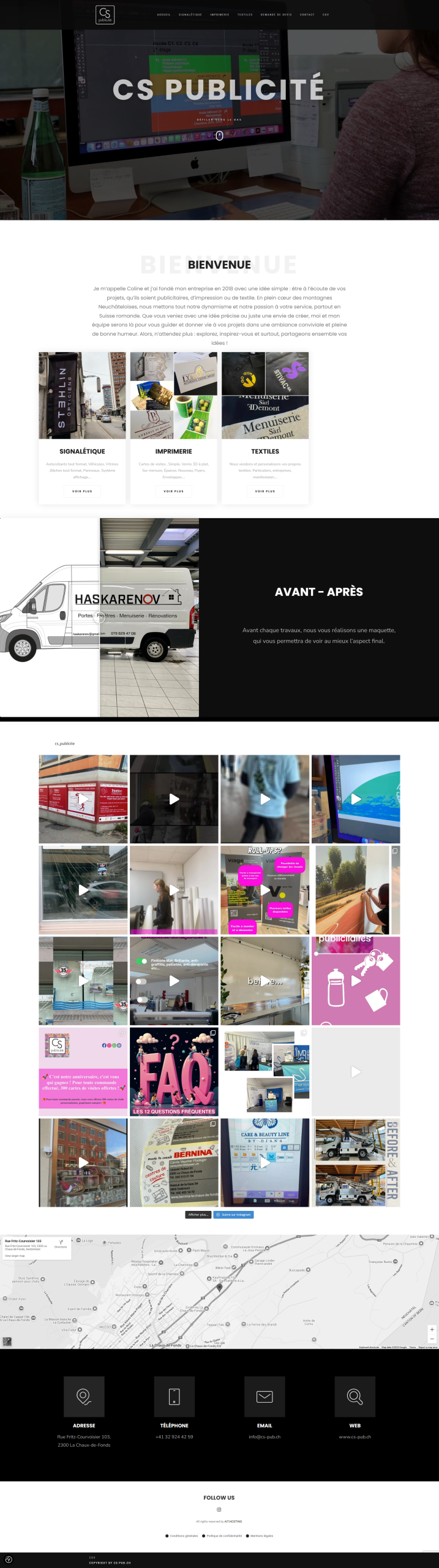 CS Publicité site web pour signalétique, imprimerie, textiles à La Chaux-de-Fonds.