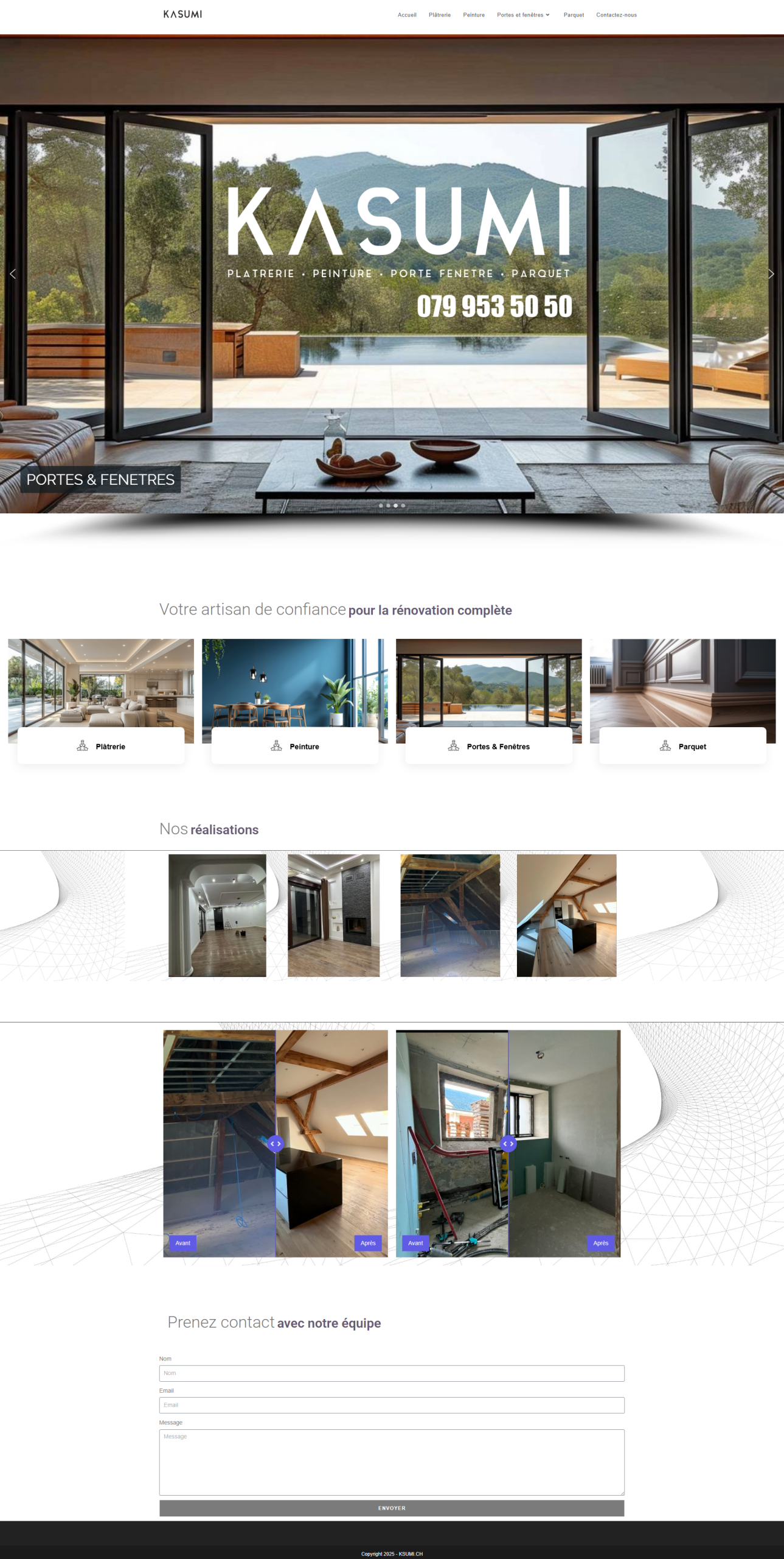 Page web de l'entreprise Kasumi, spécialisée en rénovation intérieure et contact en ligne.