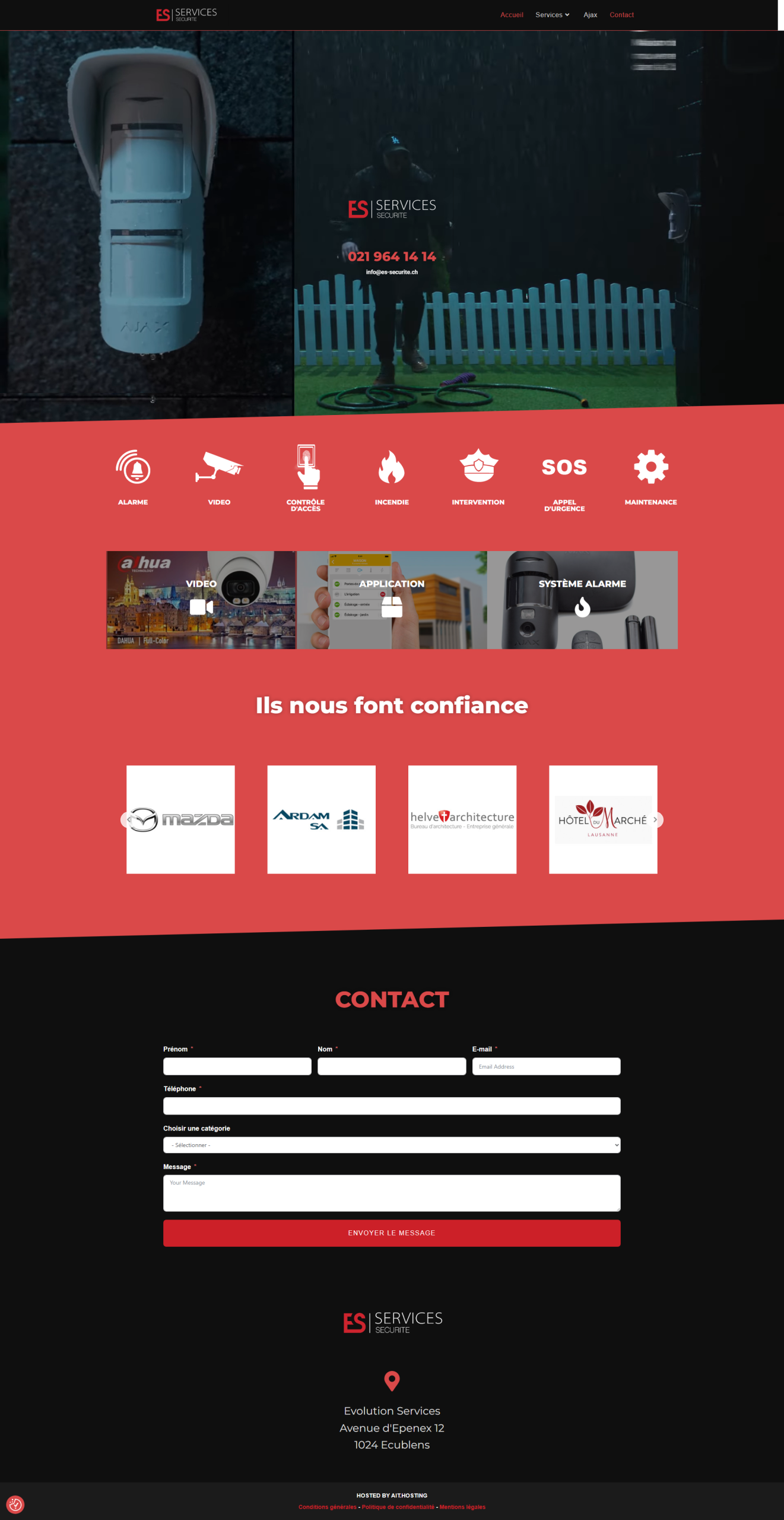 Page web d'une entreprise de sécurité avec options et formulaire de contact.