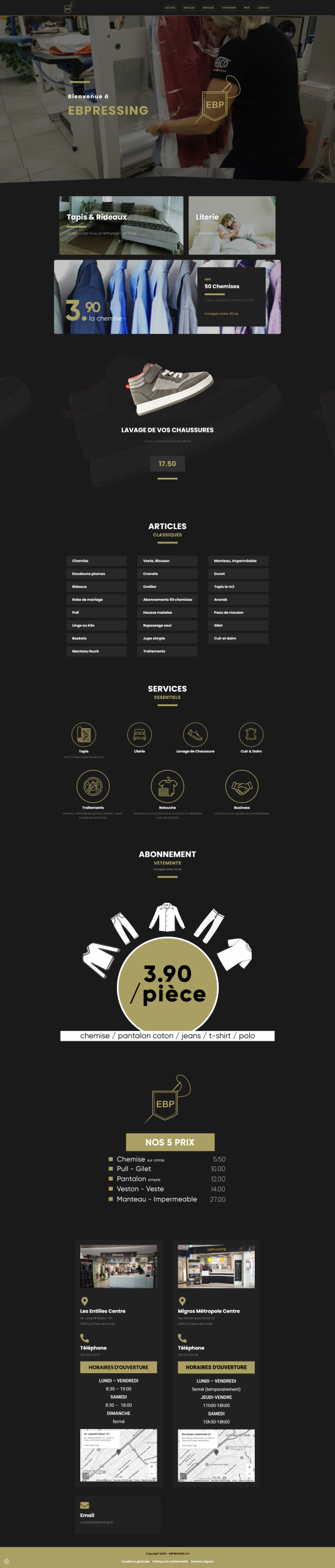 Site web pour un pressing EBPRESSING, services de nettoyage et abonnements disponibles.