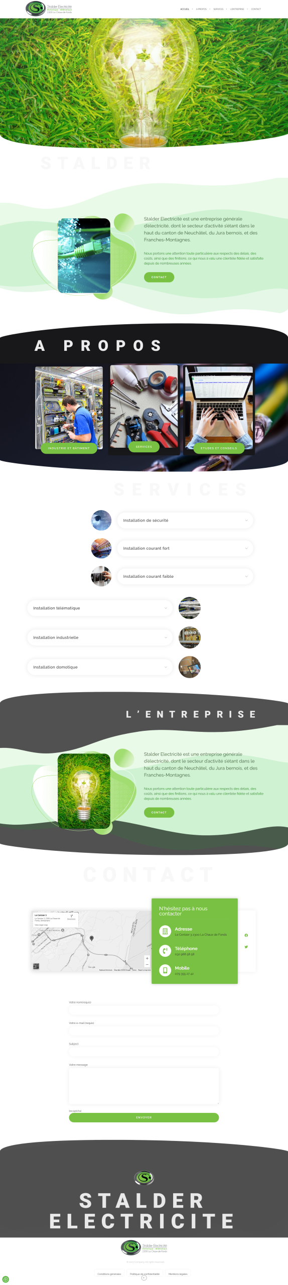 Page de l'entreprise Stalder Électricité avec services et contact.