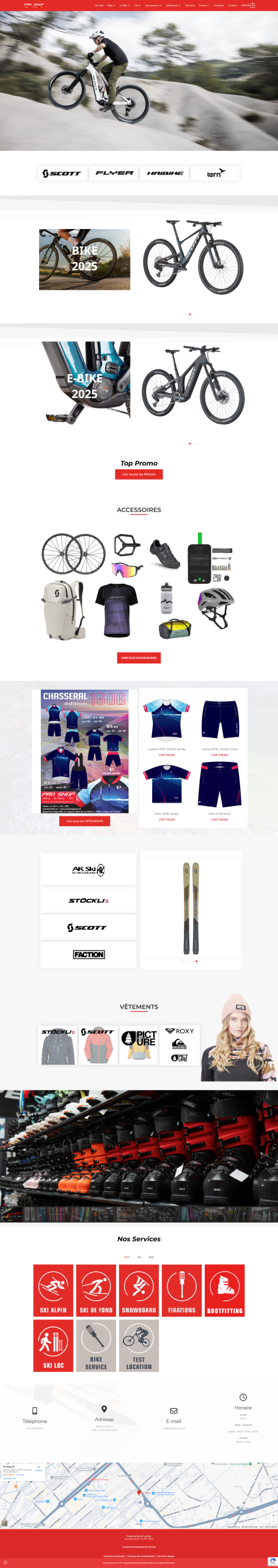 Page web de vélos et équipements, marques, services neige, contact et carte de localisation.